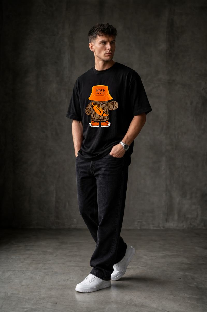 HaPpY Bear Oversized T-shirt ! - Black