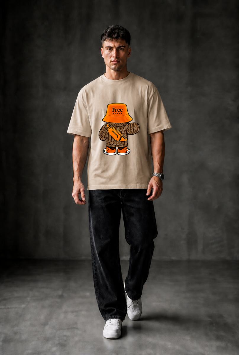 HaPpY Bear Oversized T-shirt ! - Beige