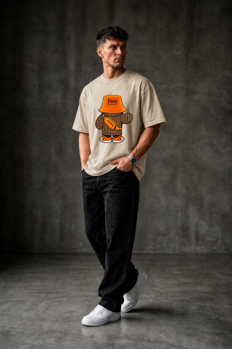 HaPpY Bear Oversized T-shirt ! - Beige