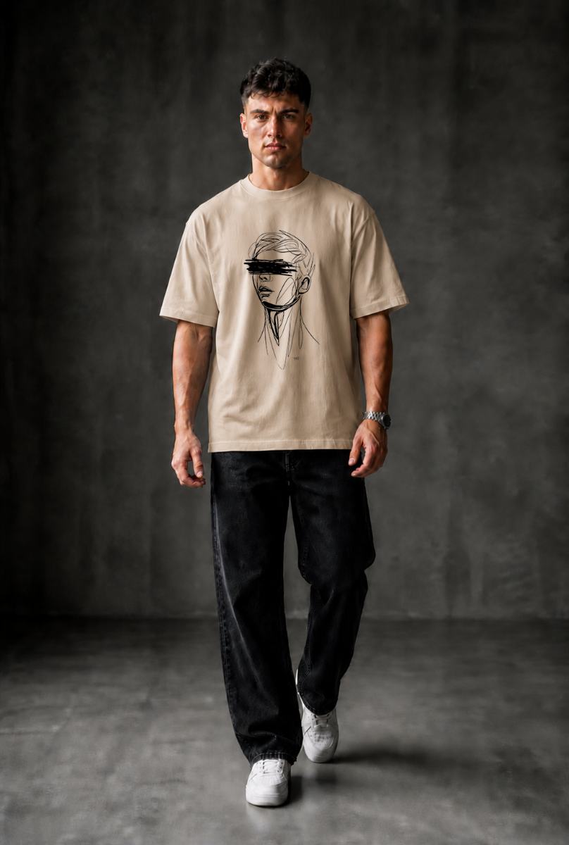 SKETCHY HEAD Oversized T-shirt ! - Beige